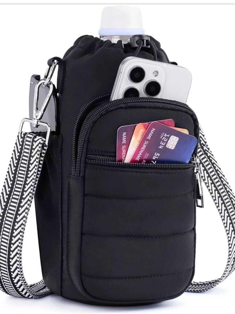 Black Women's Crossbody Bottle & Phone Belt Bag with Zip Pockets